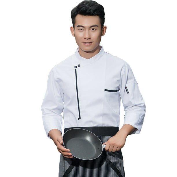 Men's Long Sleeve Chef Jacket Work Pockets Uniform Hotel Kitchen Cook Tops Coat 
